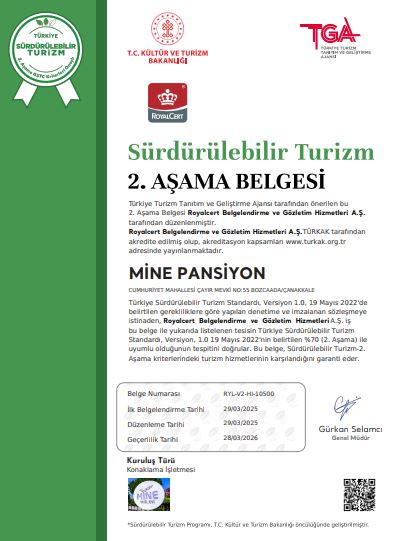 Mine Tatil Evleri Sürdürülebilirlik Sertifika TR